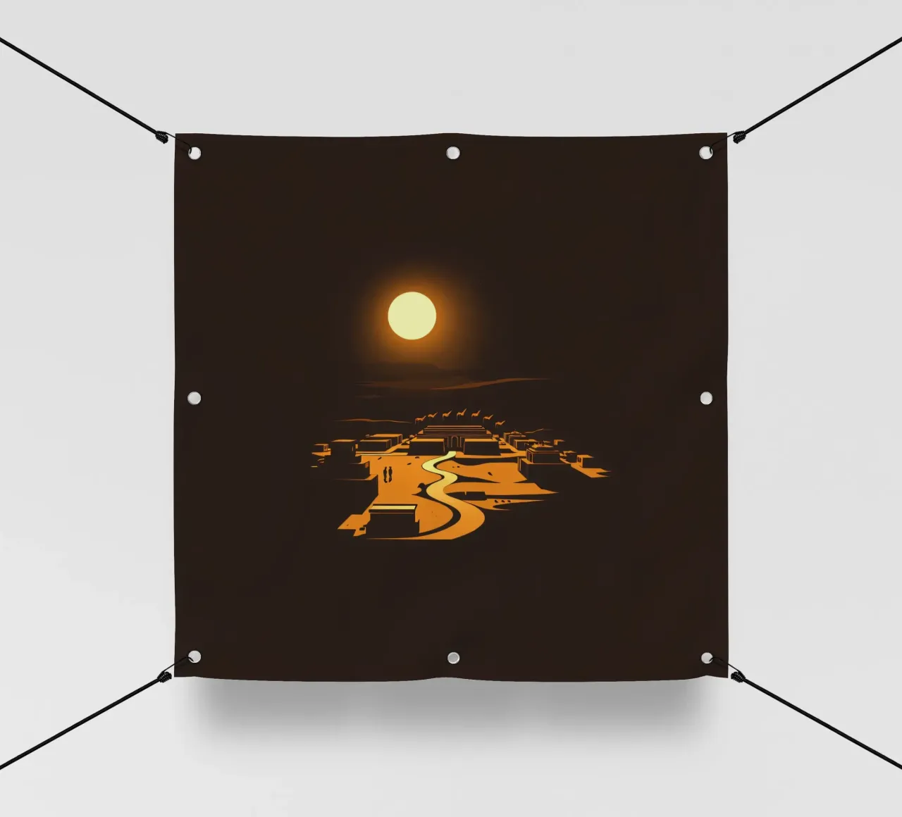 Un tramonto mette in risalto un tranquillo villaggio con sentieri tortuosi telo in pvc da DesignDoodle