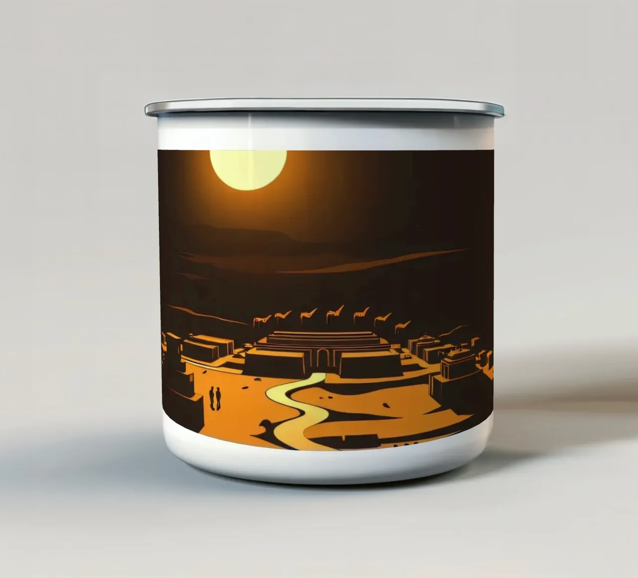 Un tramonto mette in risalto un tranquillo villaggio con sentieri tortuosi tazza in smalto da DesignDoodle