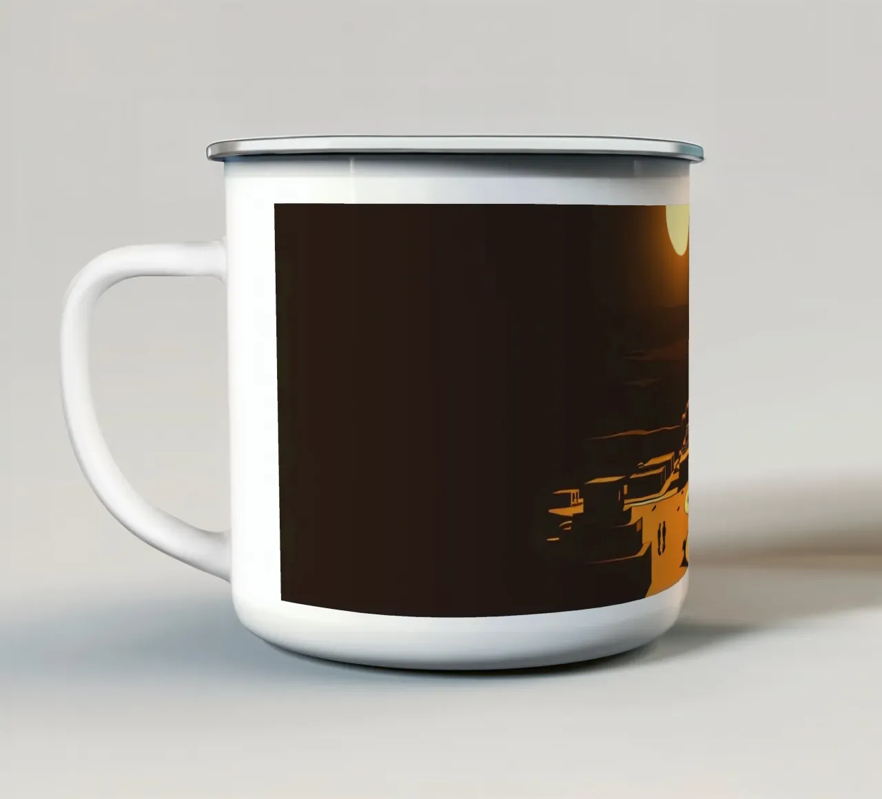 Un tramonto mette in risalto un tranquillo villaggio con sentieri tortuosi tazza in smalto da DesignDoodle