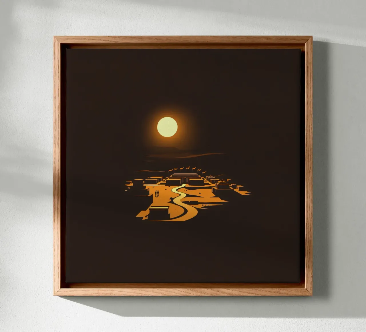 Un tramonto mette in risalto un tranquillo villaggio con sentieri tortuosi tela con Cornice a cassetta da DesignDoodle