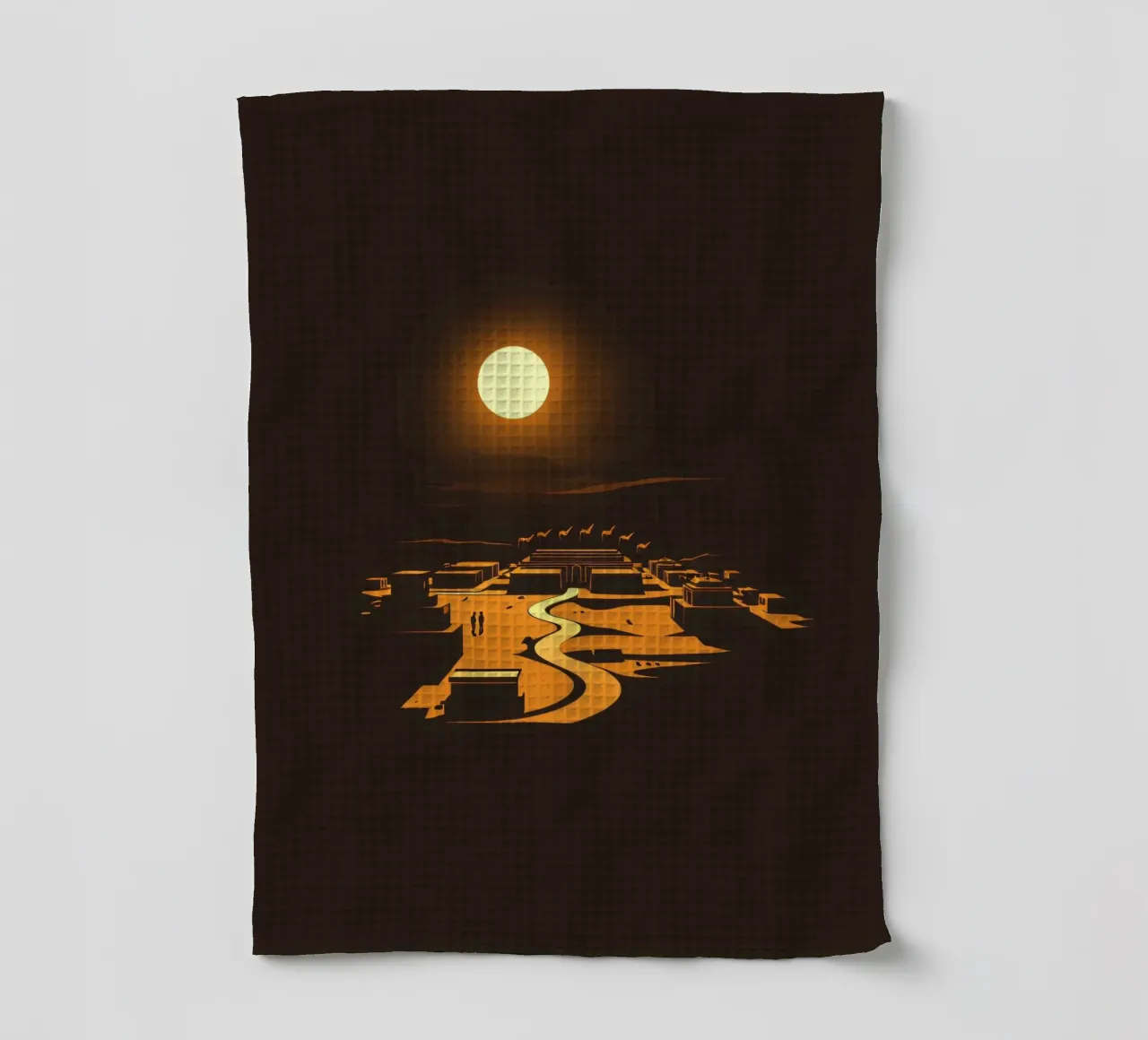 Un tramonto mette in risalto un tranquillo villaggio con sentieri tortuosi canovaccio da cucina da DesignDoodle