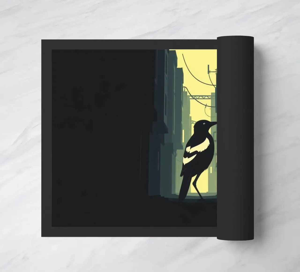 Un uccello solitario in piedi in un vicolo stretto in un crepuscolo zerbino da DesignDoodle