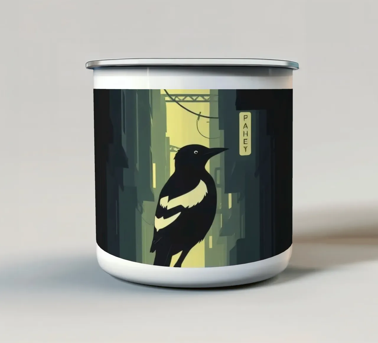 Un uccello solitario in piedi in un vicolo stretto in un crepuscolo tazza in smalto da DesignDoodle
