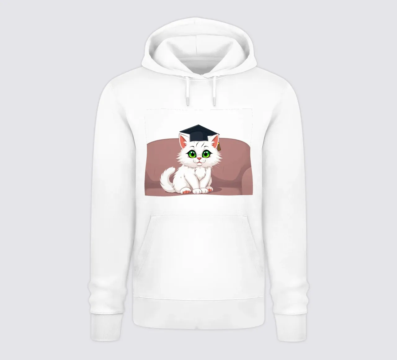 Un gatto bianco con gli occhi verdi che indossa un cappello da laurea felpa con cappuccio da DesignDoodle