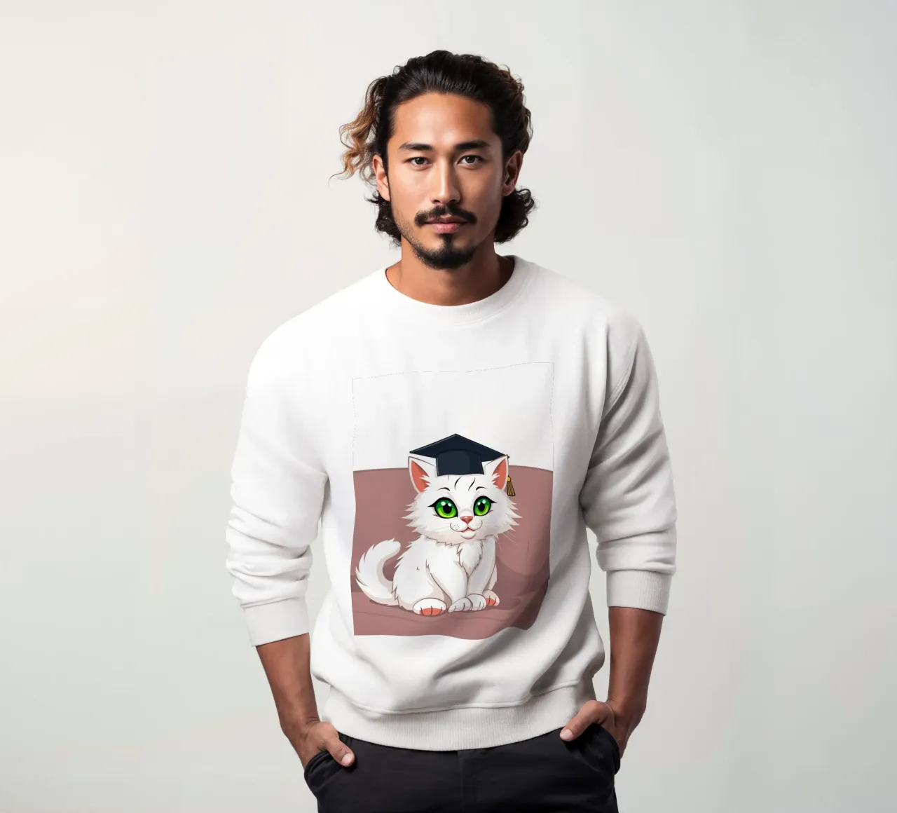 Un gatto bianco con gli occhi verdi che indossa un cappello da laurea felpa da DesignDoodle