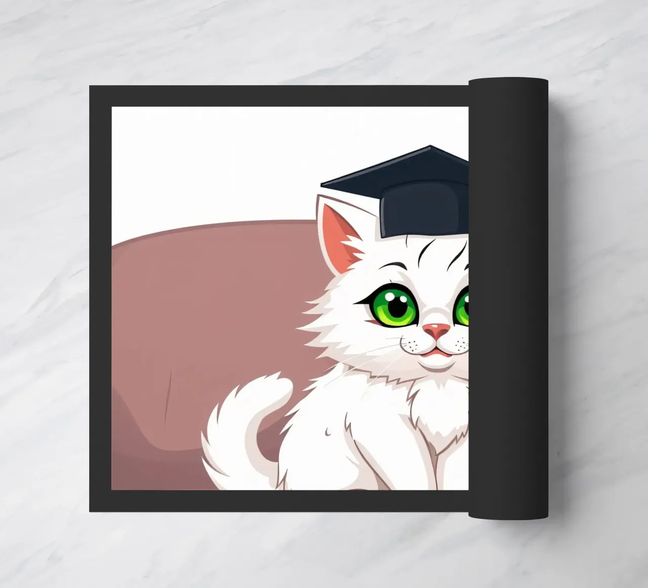 Un gatto bianco con gli occhi verdi che indossa un cappello da laurea zerbino da DesignDoodle