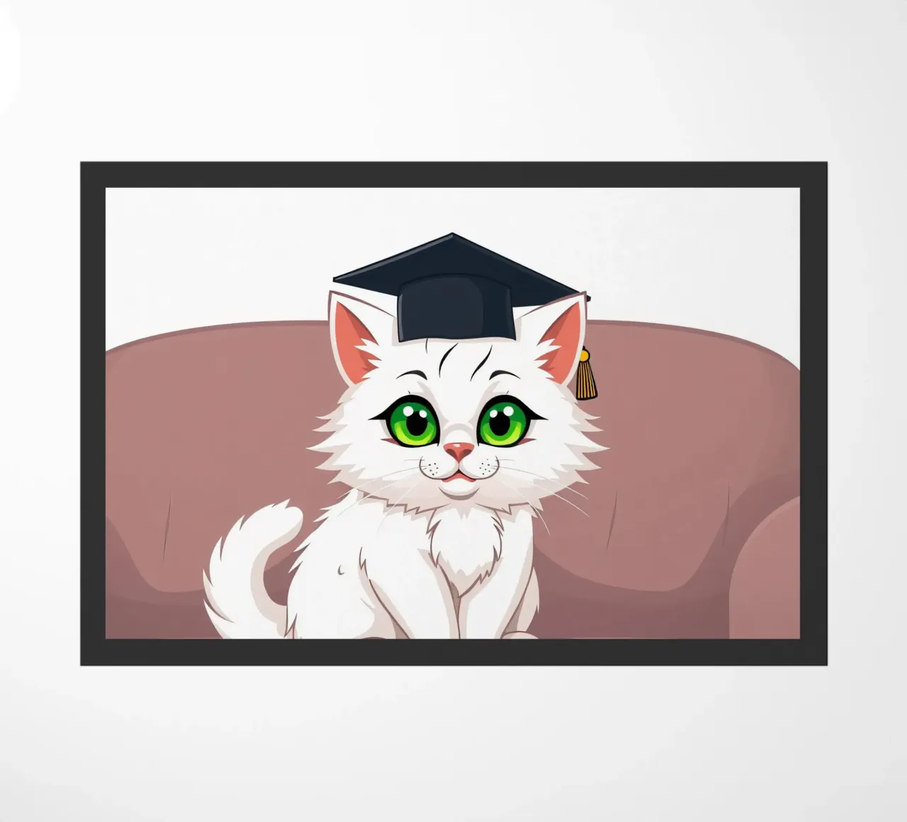 Un gatto bianco con gli occhi verdi che indossa un cappello da laurea zerbino da DesignDoodle