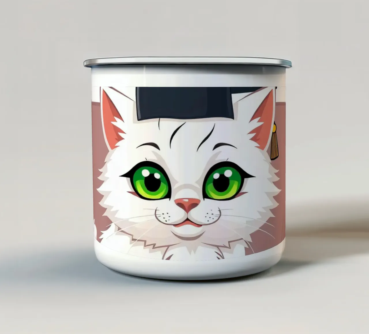 Un gatto bianco con gli occhi verdi che indossa un cappello da laurea tazza in smalto da DesignDoodle
