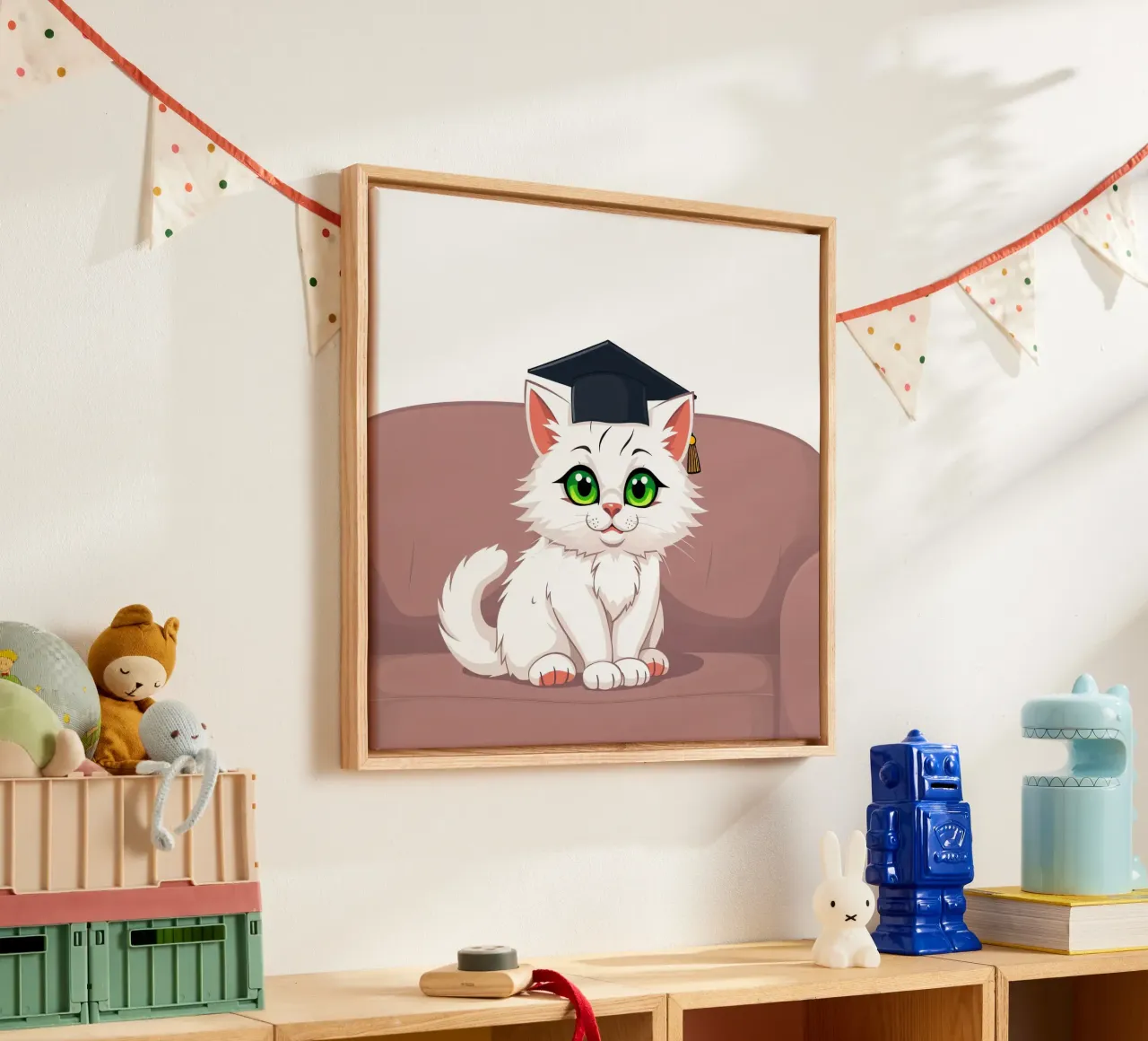 Un gatto bianco con gli occhi verdi che indossa un cappello da laurea tela con Cornice a cassetta da DesignDoodle