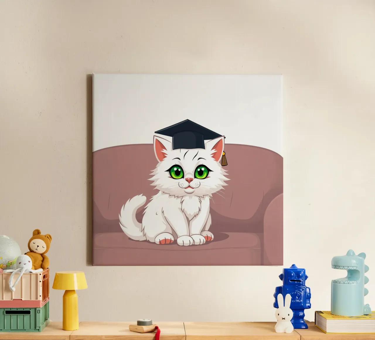 Un gatto bianco con gli occhi verdi che indossa un cappello da laurea tela con Cornice a cassetta da DesignDoodle