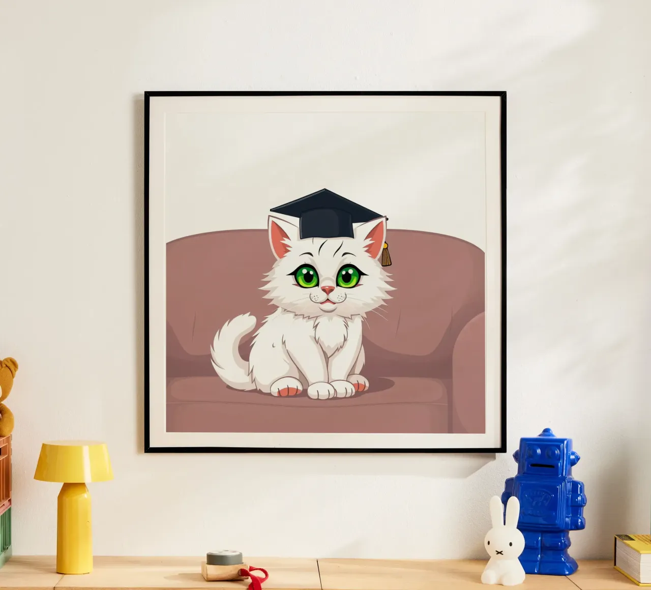 Un gatto bianco con gli occhi verdi che indossa un cappello da laurea poster da DesignDoodle