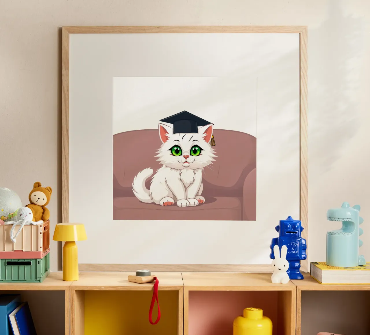Un gatto bianco con gli occhi verdi che indossa un cappello da laurea poster da DesignDoodle