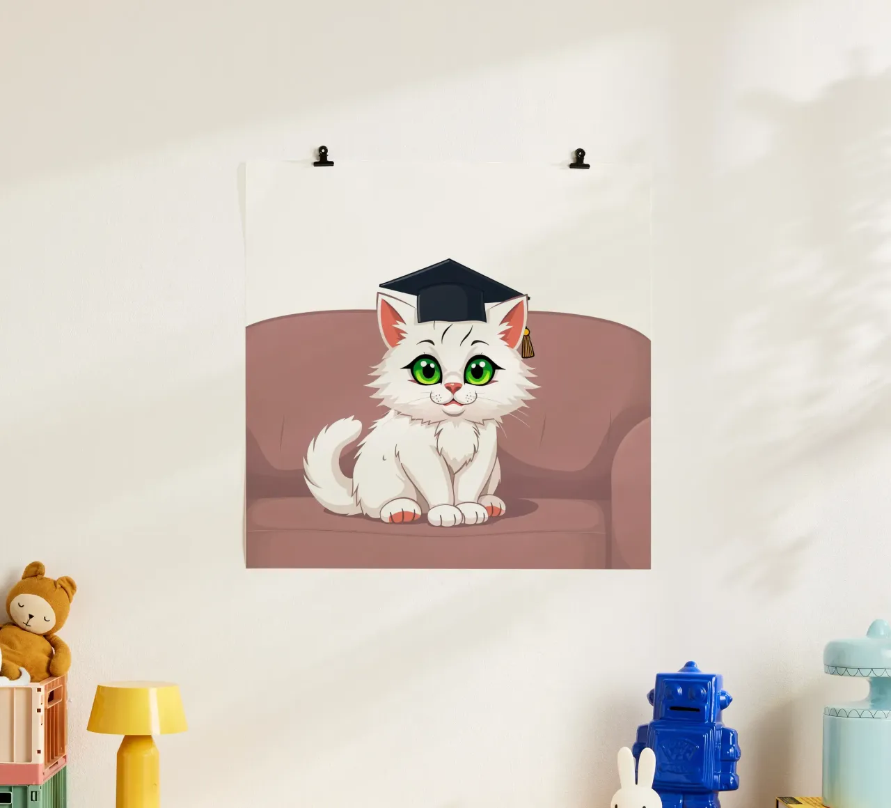 Un gatto bianco con gli occhi verdi che indossa un cappello da laurea poster da DesignDoodle