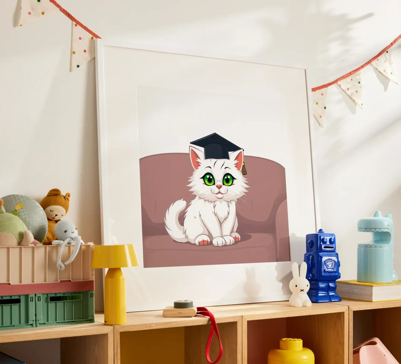 Un gatto bianco con gli occhi verdi che indossa un cappello da laurea poster da DesignDoodle
