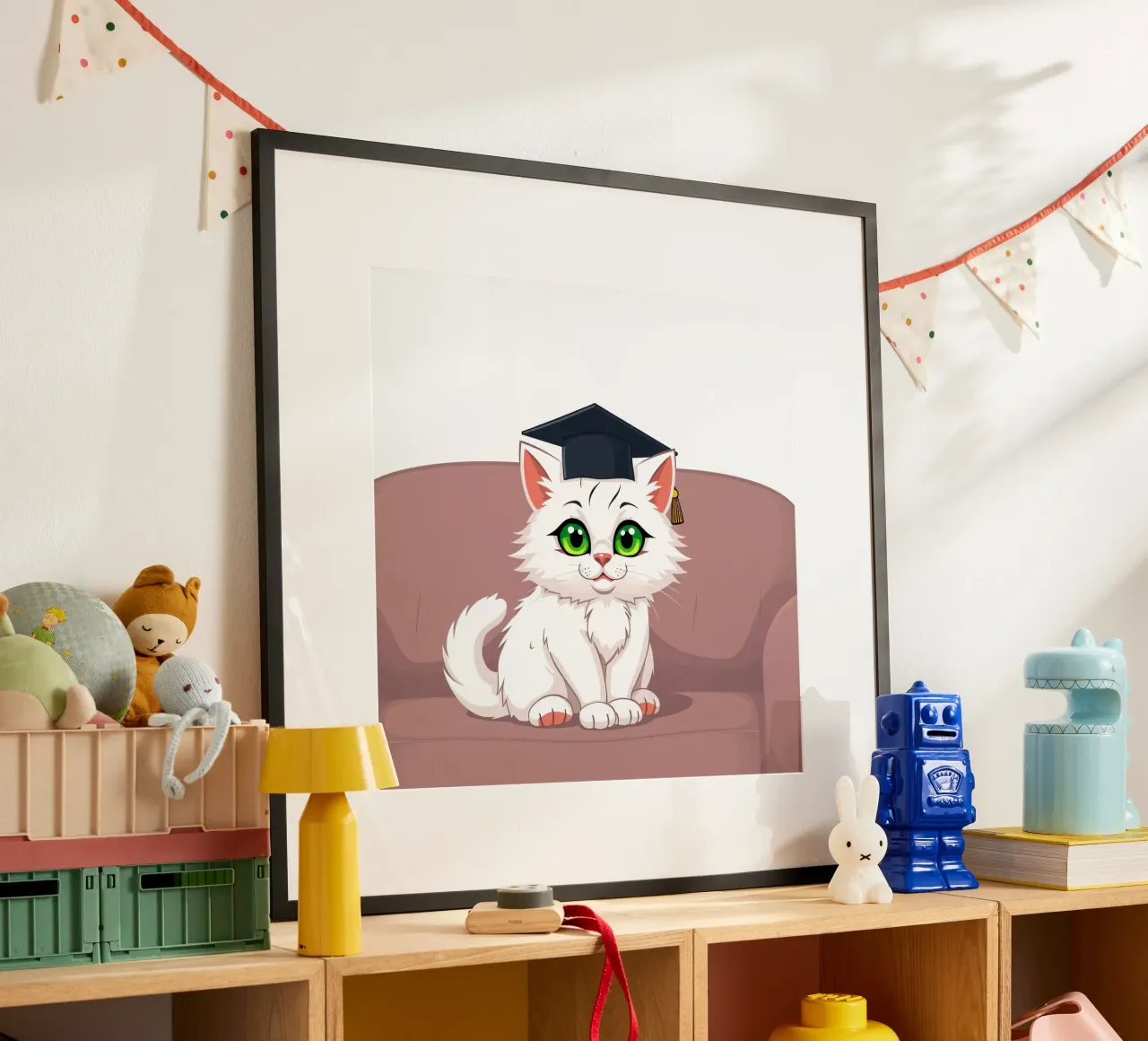 Un gatto bianco con gli occhi verdi che indossa un cappello da laurea poster da DesignDoodle