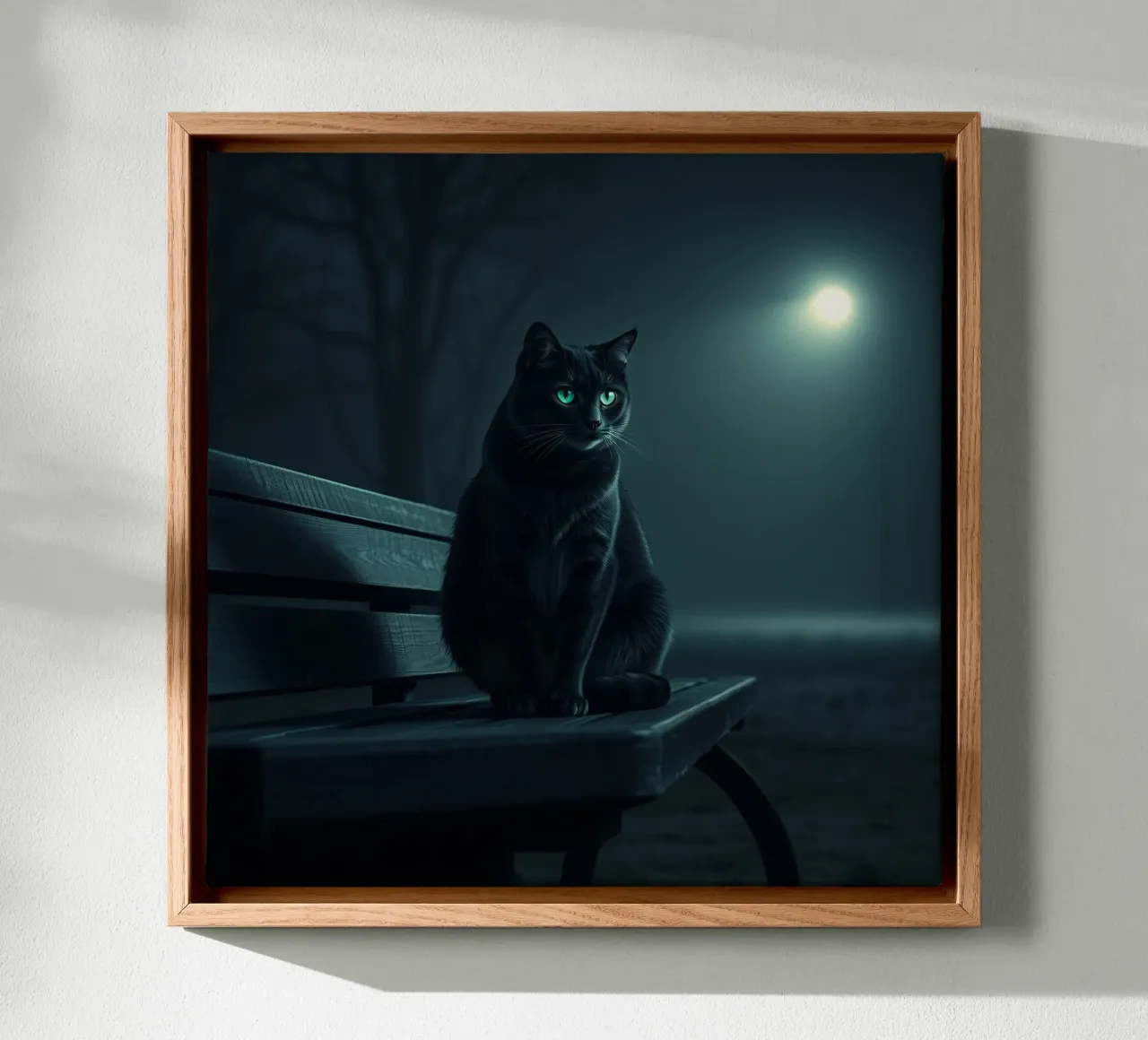 Un gatto nero appollaiato su una panchina del parco sotto un lampione tela con Cornice a cassetta da DesignDoodle