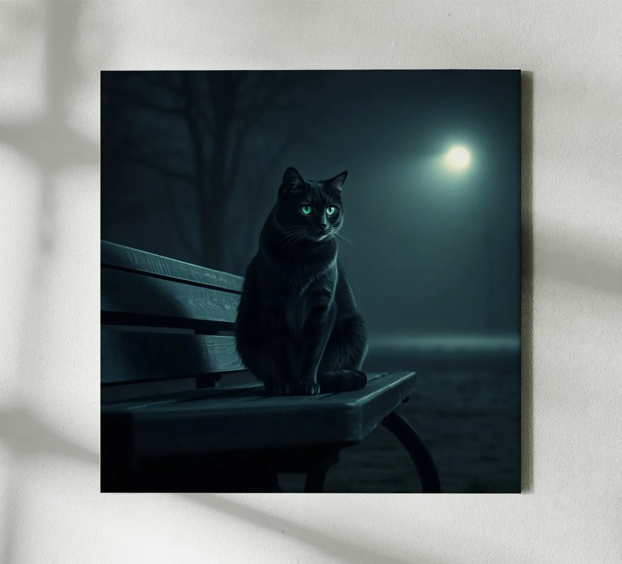 Un gatto nero appollaiato su una panchina del parco sotto un lampione tela con Cornice a cassetta da DesignDoodle