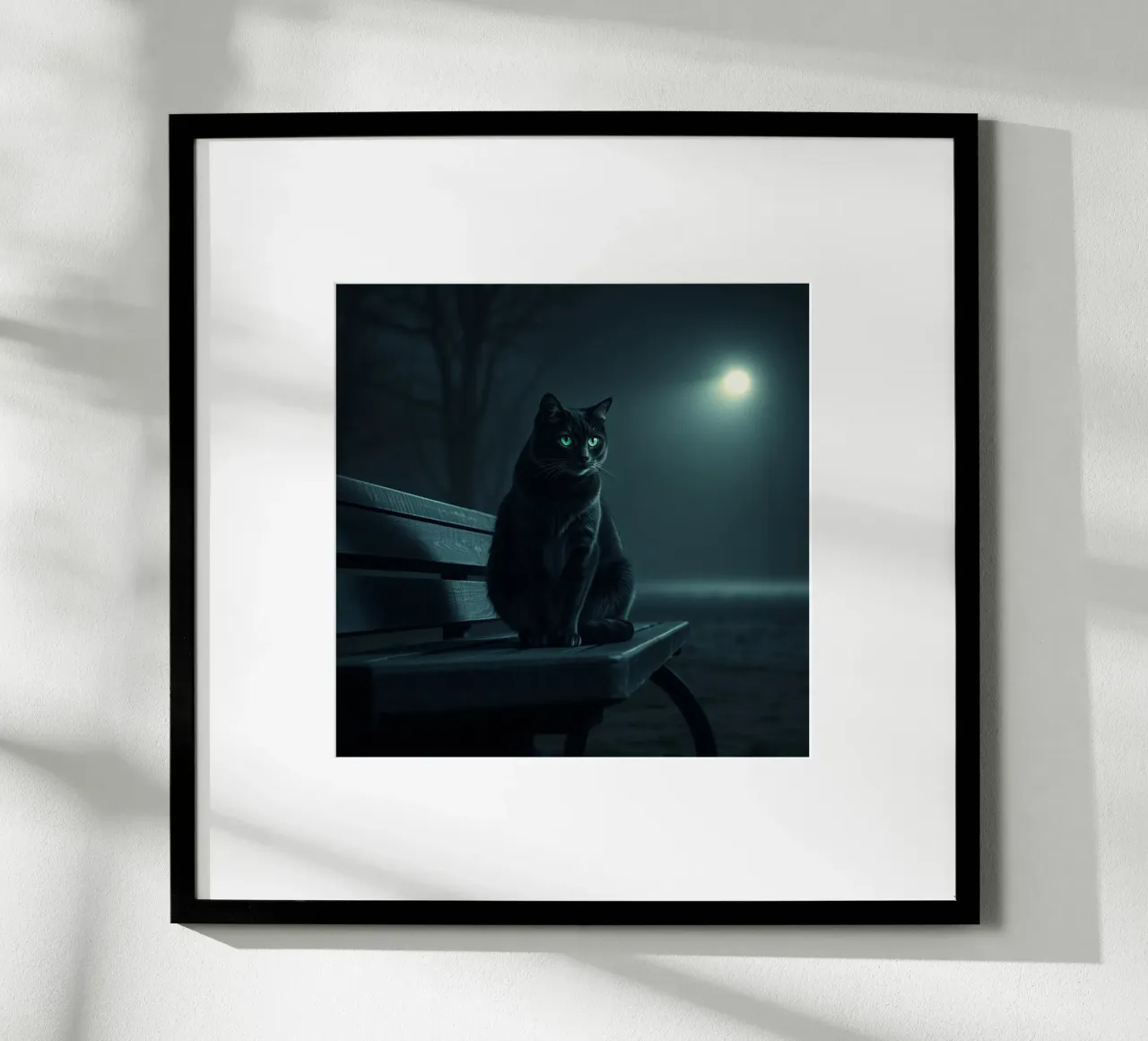 Un gatto nero appollaiato su una panchina del parco sotto un lampione poster con telaio in plastica da DesignDoodle