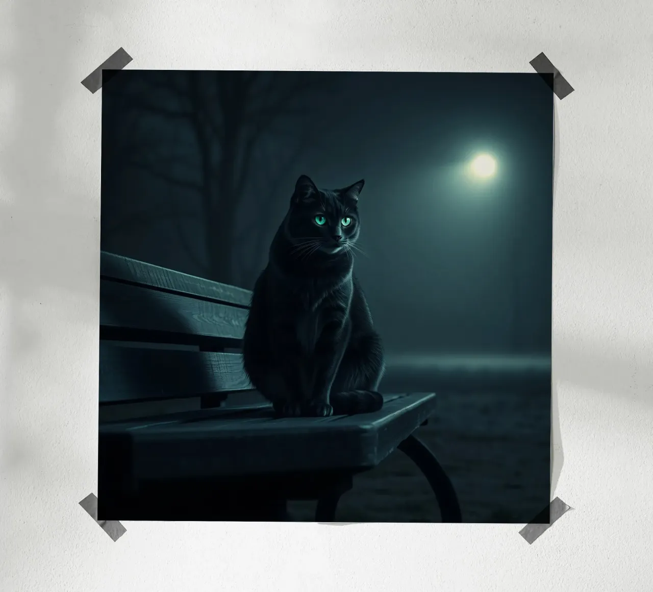 Un gatto nero appollaiato su una panchina del parco sotto un lampione poster con telaio in plastica da DesignDoodle