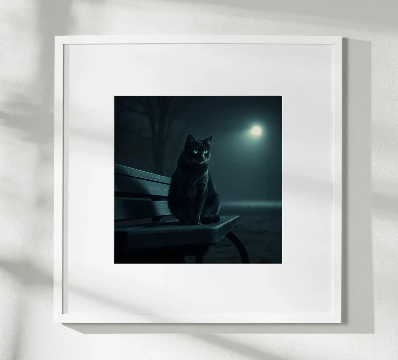 Un gatto nero appollaiato su una panchina del parco sotto un lampione poster con telaio in plastica da DesignDoodle