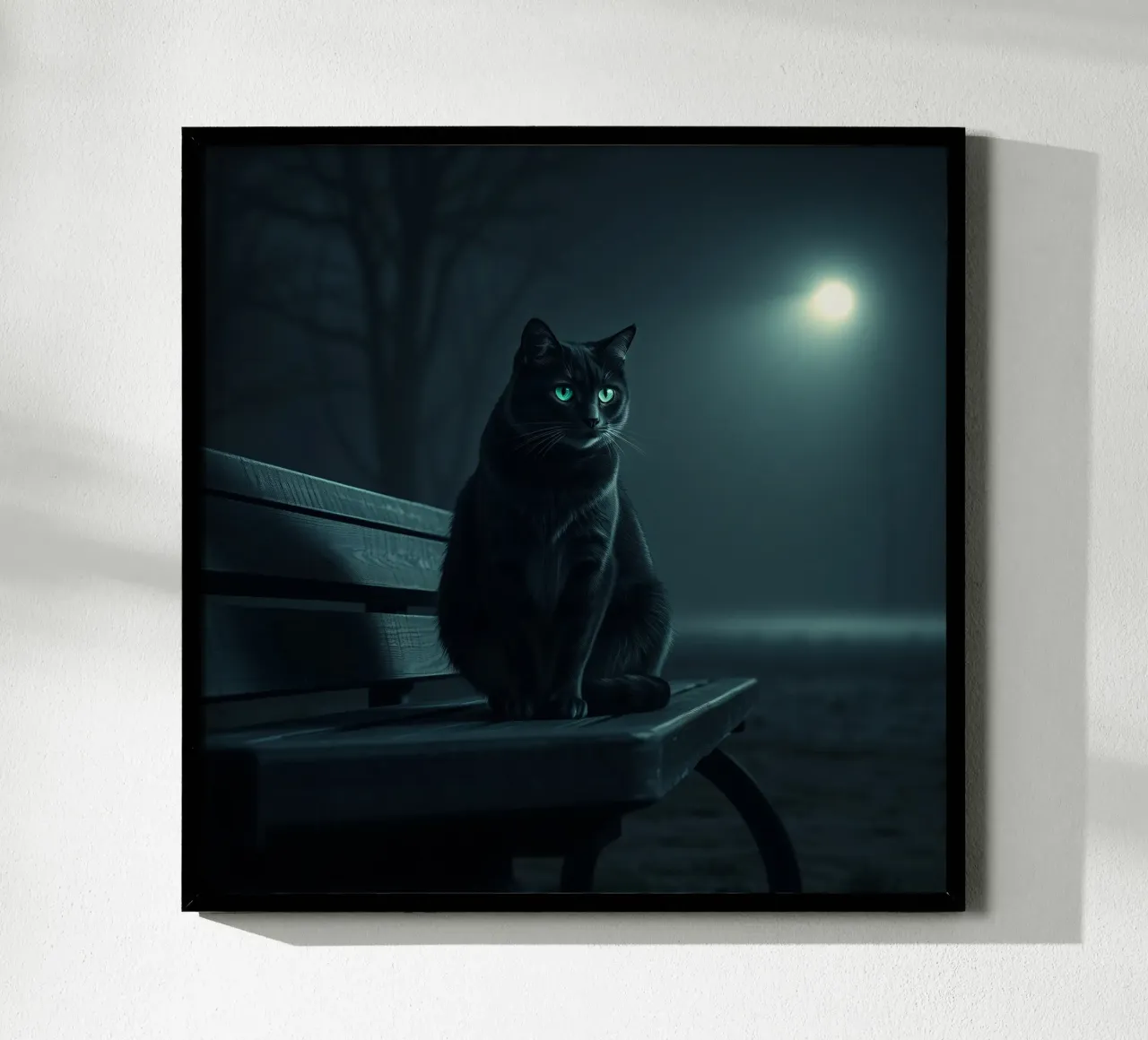Un gatto nero appollaiato su una panchina del parco sotto un lampione poster con telaio in plastica da DesignDoodle