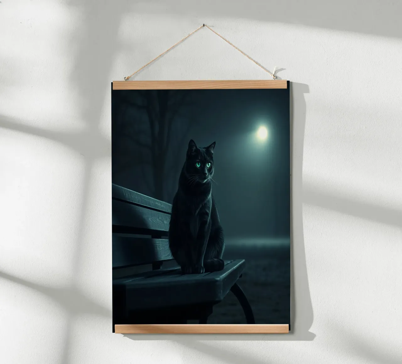 Un gatto nero appollaiato su una panchina del parco sotto un lampione poster con telaio in plastica da DesignDoodle