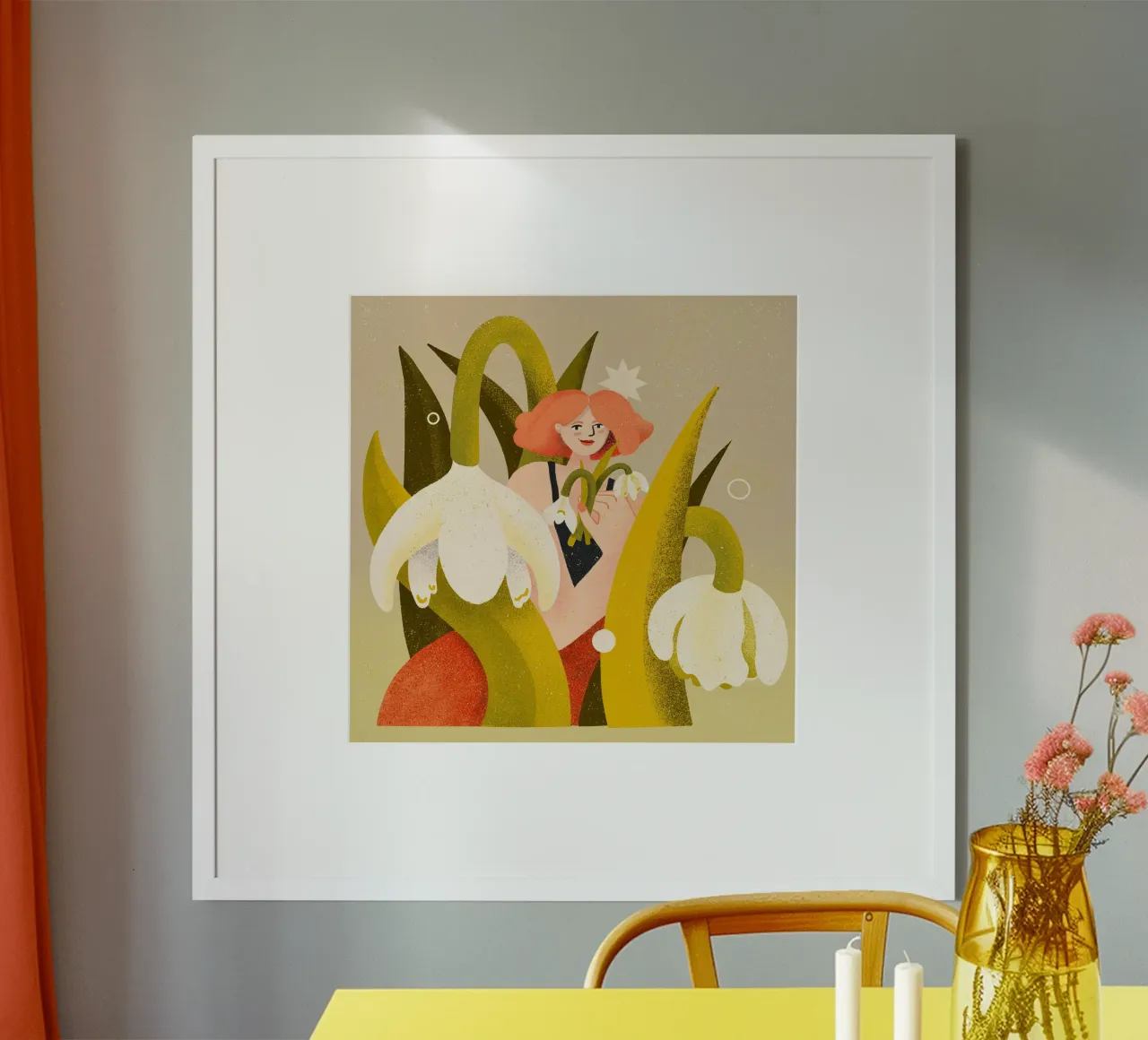 Primavera - Donna con bucaneve poster con telaio in plastica da Bold & Beautiful