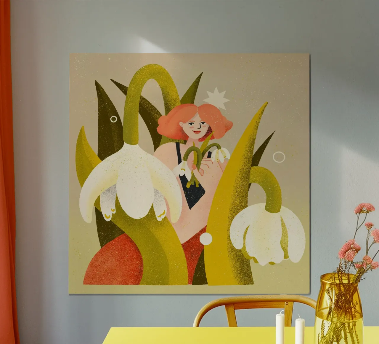 Primavera - Donna con bucaneve poster con telaio in plastica da Bold & Beautiful