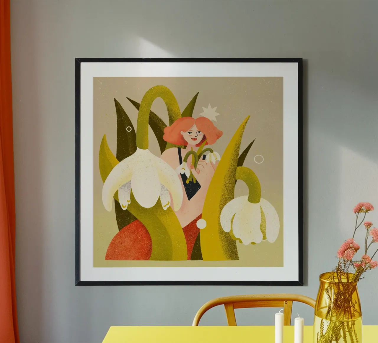Primavera - Donna con bucaneve poster con telaio in plastica da Bold & Beautiful