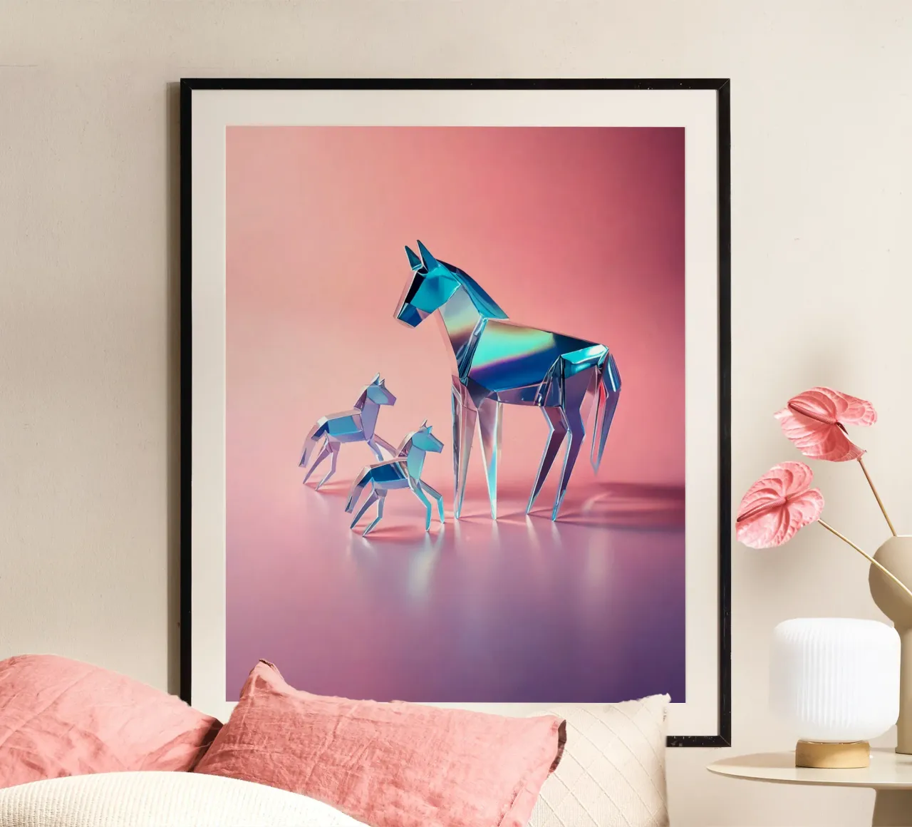 Cavallo famiglia puledro in vetro cromato rosa HG - Bujaboom poster con telaio in alluminio da bujaboom