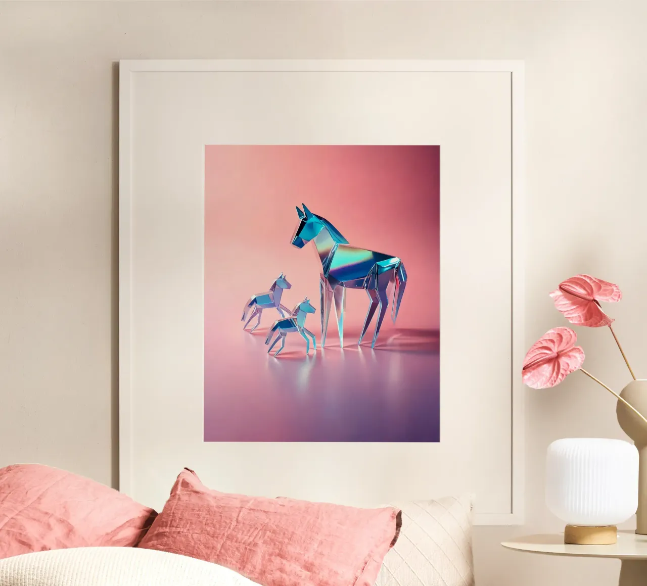 Cavallo famiglia puledro in vetro cromato rosa HG - Bujaboom poster con telaio in alluminio da bujaboom