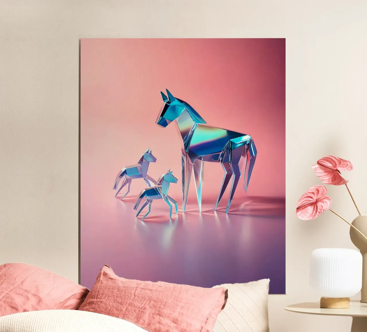 Cavallo famiglia puledro in vetro cromato rosa HG - Bujaboom poster con telaio in alluminio da bujaboom
