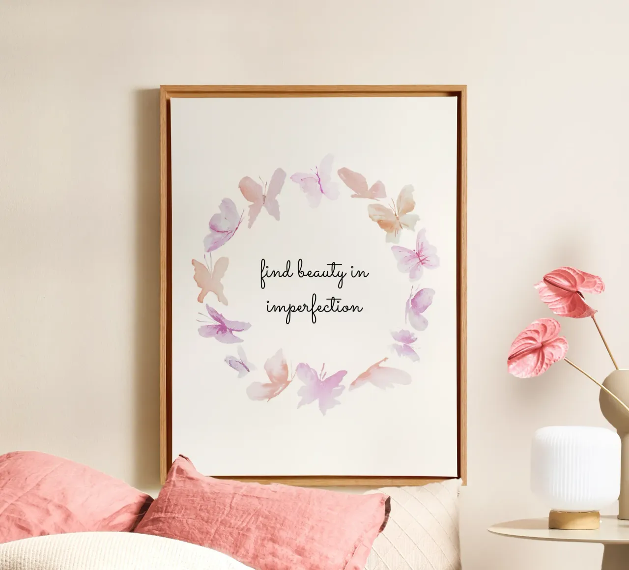 Find beauty in imperfection - butterflies watercolor wreath canvas met Baklijst van anisillustration