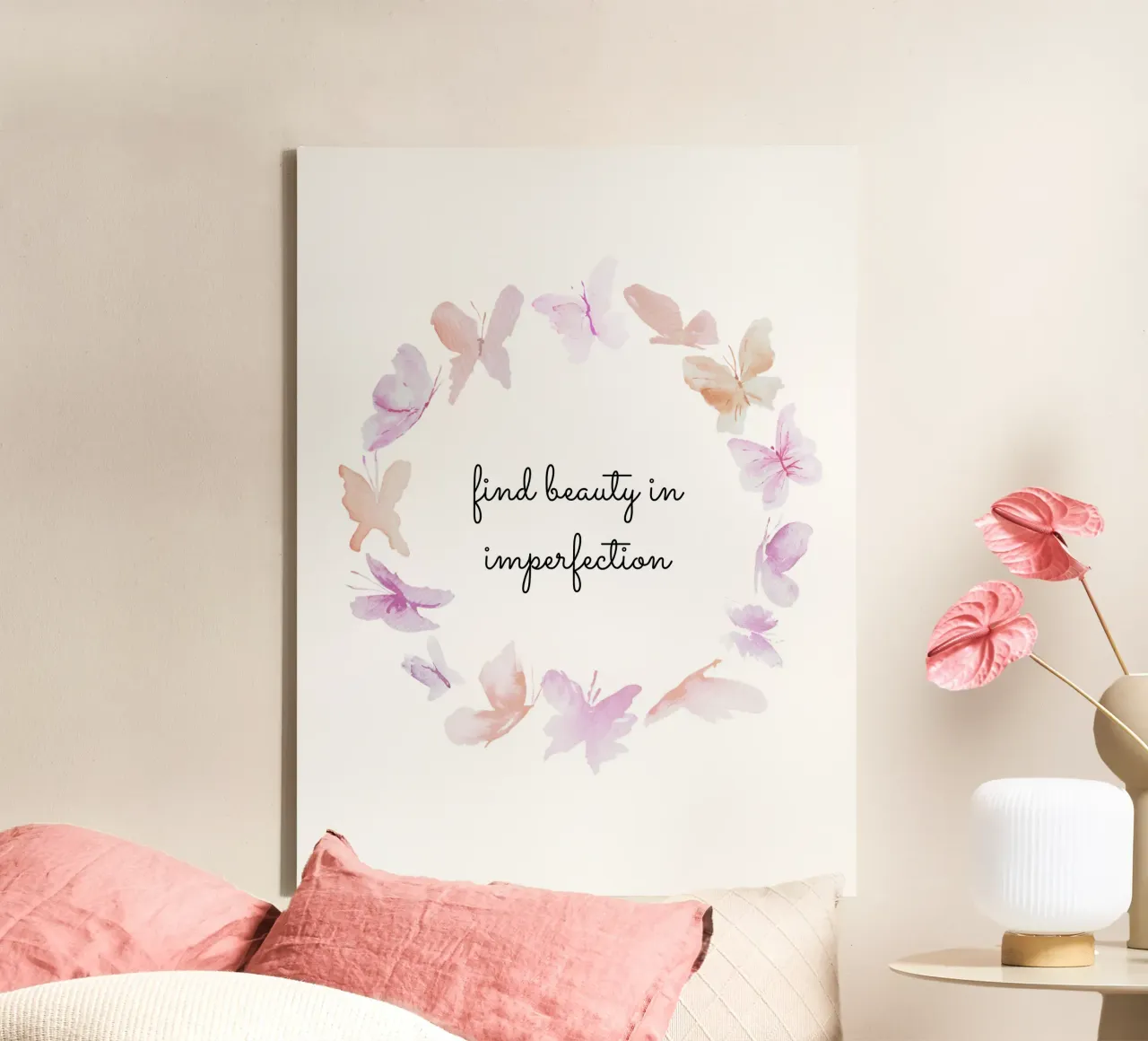 Find beauty in imperfection - butterflies watercolor wreath canvas met Baklijst van anisillustration