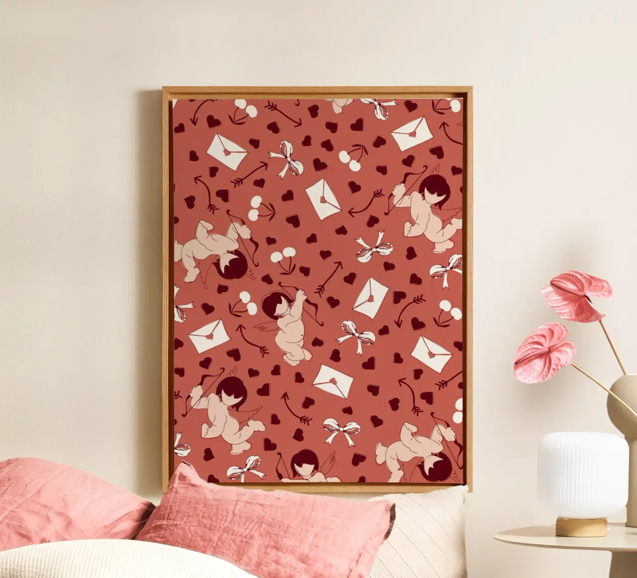 Playful Cherubs Pattern Dusty Red tela con Cornice a cassetta da Claudia S. Design