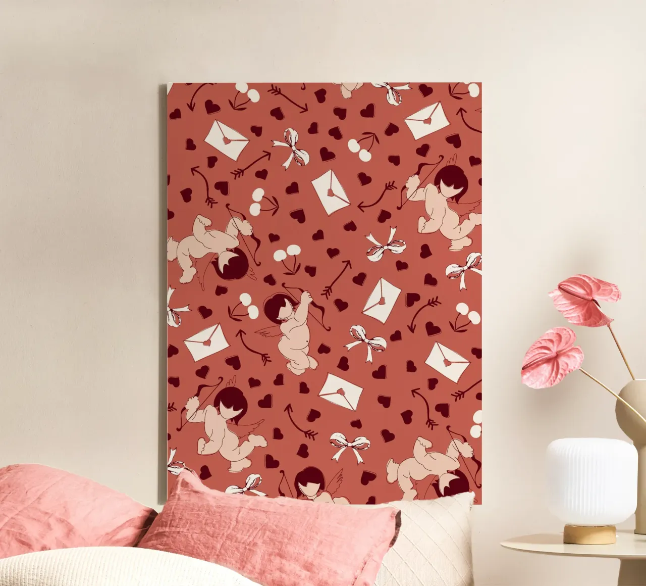 Playful Cherubs Pattern Dusty Red tela con Cornice a cassetta da Claudia S. Design