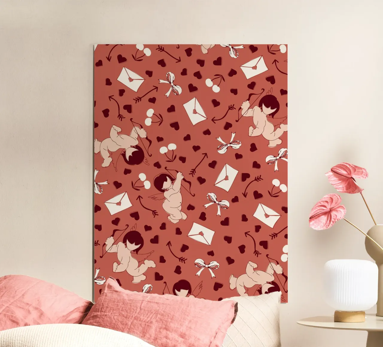 Playful Cherubs Pattern Dusty Red carta hahnemühle da Claudia S. Design