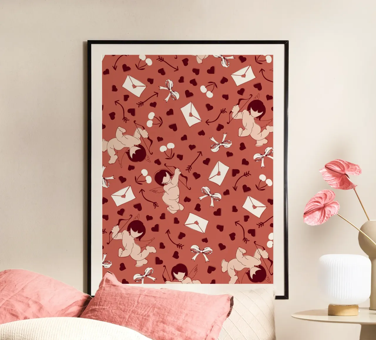 Playful Cherubs Pattern Dusty Red carta hahnemühle da Claudia S. Design
