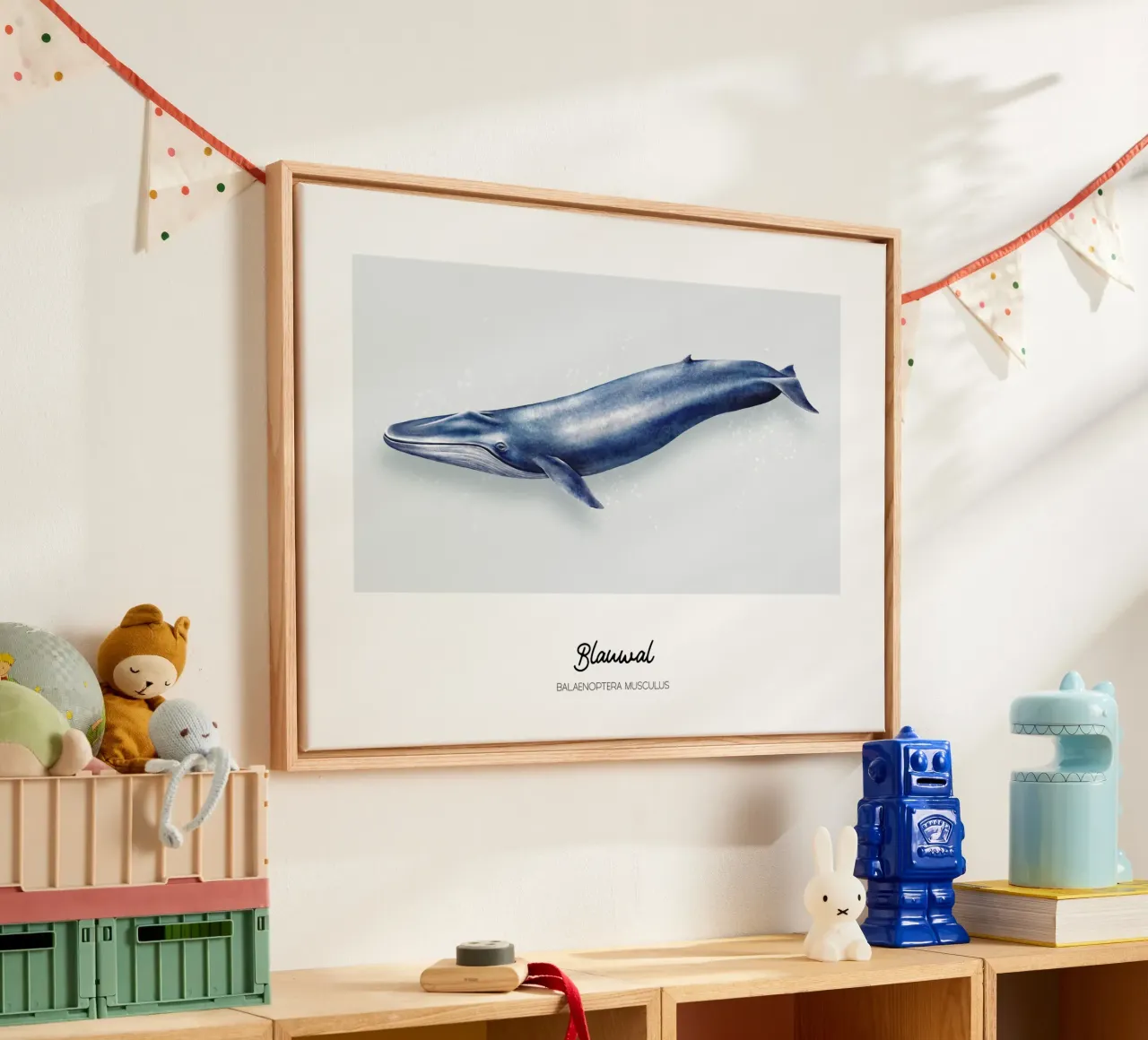 Blauwal • Wale & Delfine Illustration Leinwand mit Schattenfugenrahmen von Moonlit Illustrations