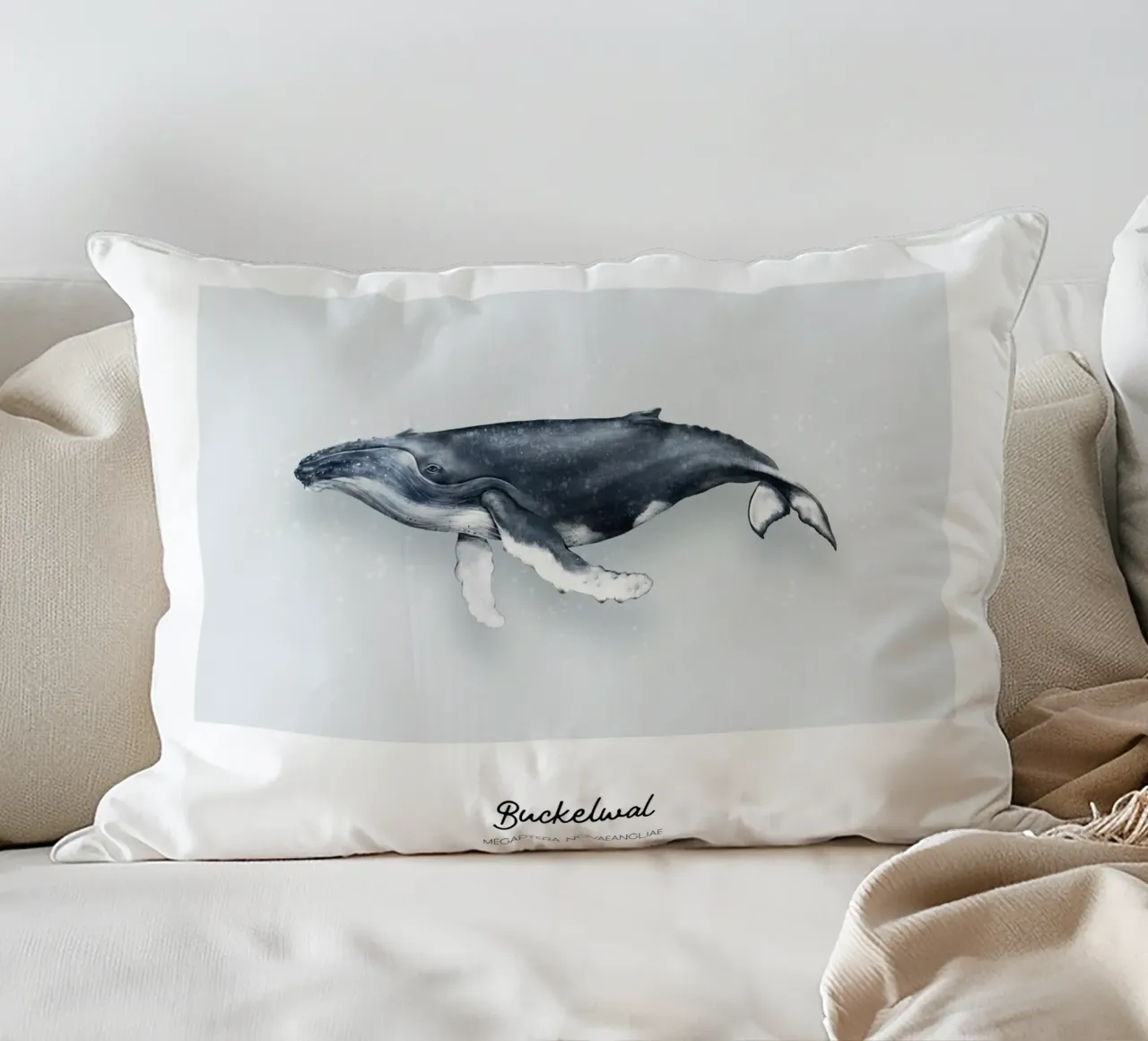 Balena gobba - Illustrazione di balene e delfini cuscino da Moonlit Illustrations