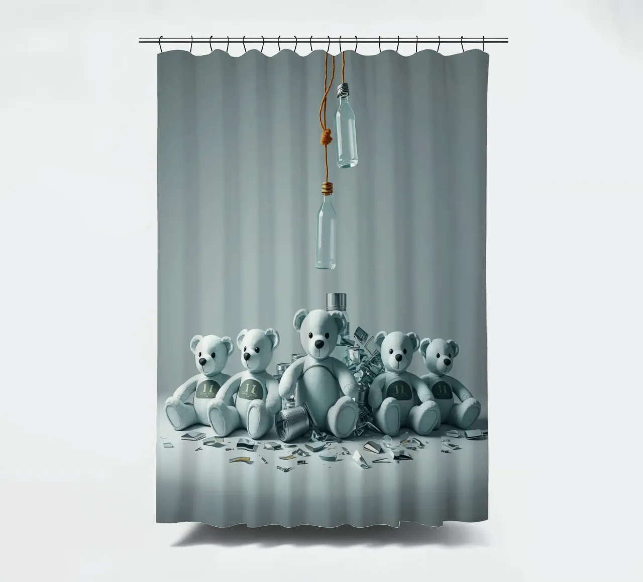Vijf teddyberen in een speelse compositie douchegordijn van DesignDoodle