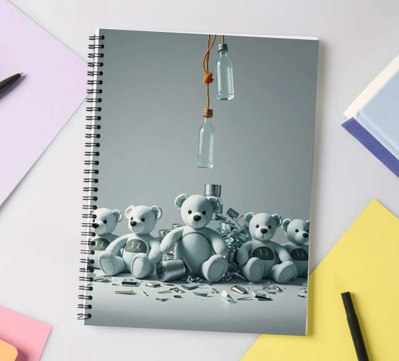 Five teddy bears arranged in a playful composition spiral notebook by DesignDoodle