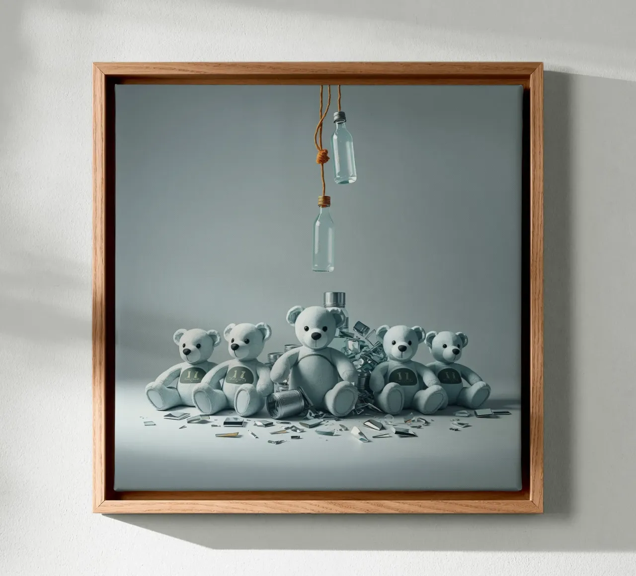 Five teddy bears arranged in a playful composition canvas by DesignDoodle