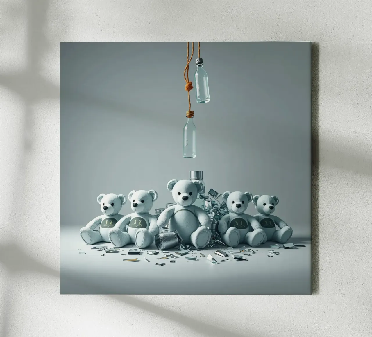 Five teddy bears arranged in a playful composition canvas by DesignDoodle