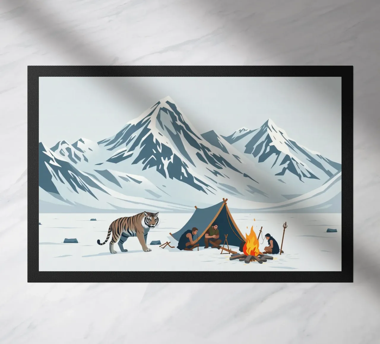 gruppo di esploratori in campeggio vicino a roaring fire montagne innevate zerbino da DesignDoodle