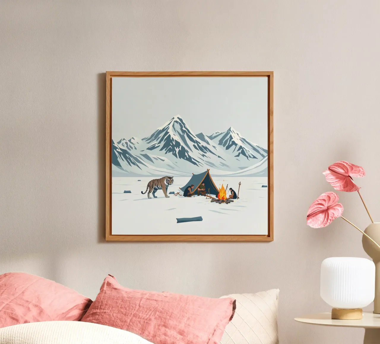 gruppo di esploratori in campeggio vicino a roaring fire montagne innevate alluminio dibond da DesignDoodle