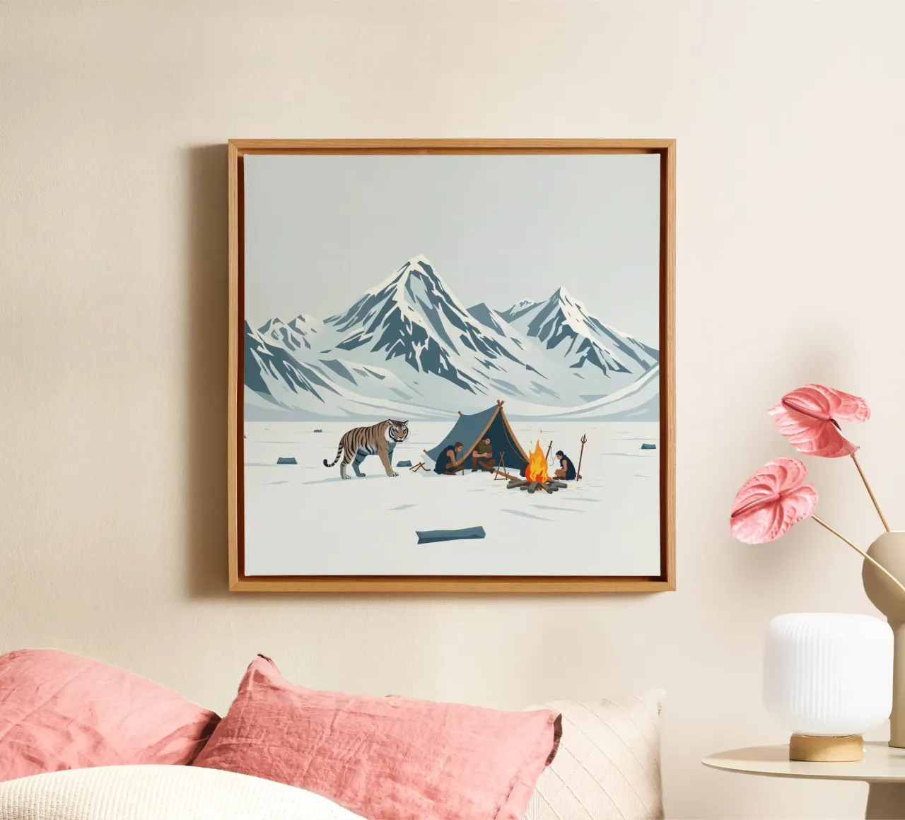 group of explorers camping near roaring fire snowy mountains canvas with Floater frame by DesignDoodle