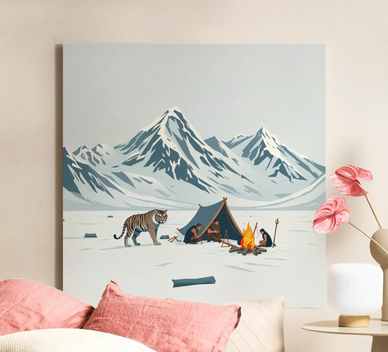 group of explorers camping near roaring fire snowy mountains canvas with Floater frame by DesignDoodle