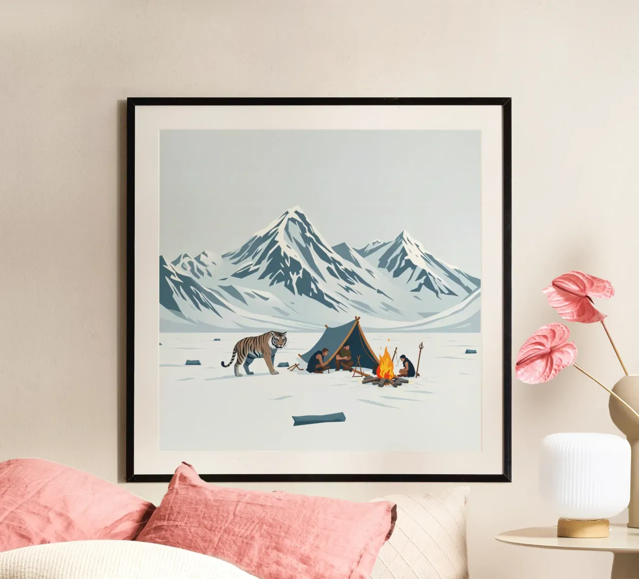 gruppo di esploratori in campeggio vicino a roaring fire montagne innevate carta hahnemühle da DesignDoodle