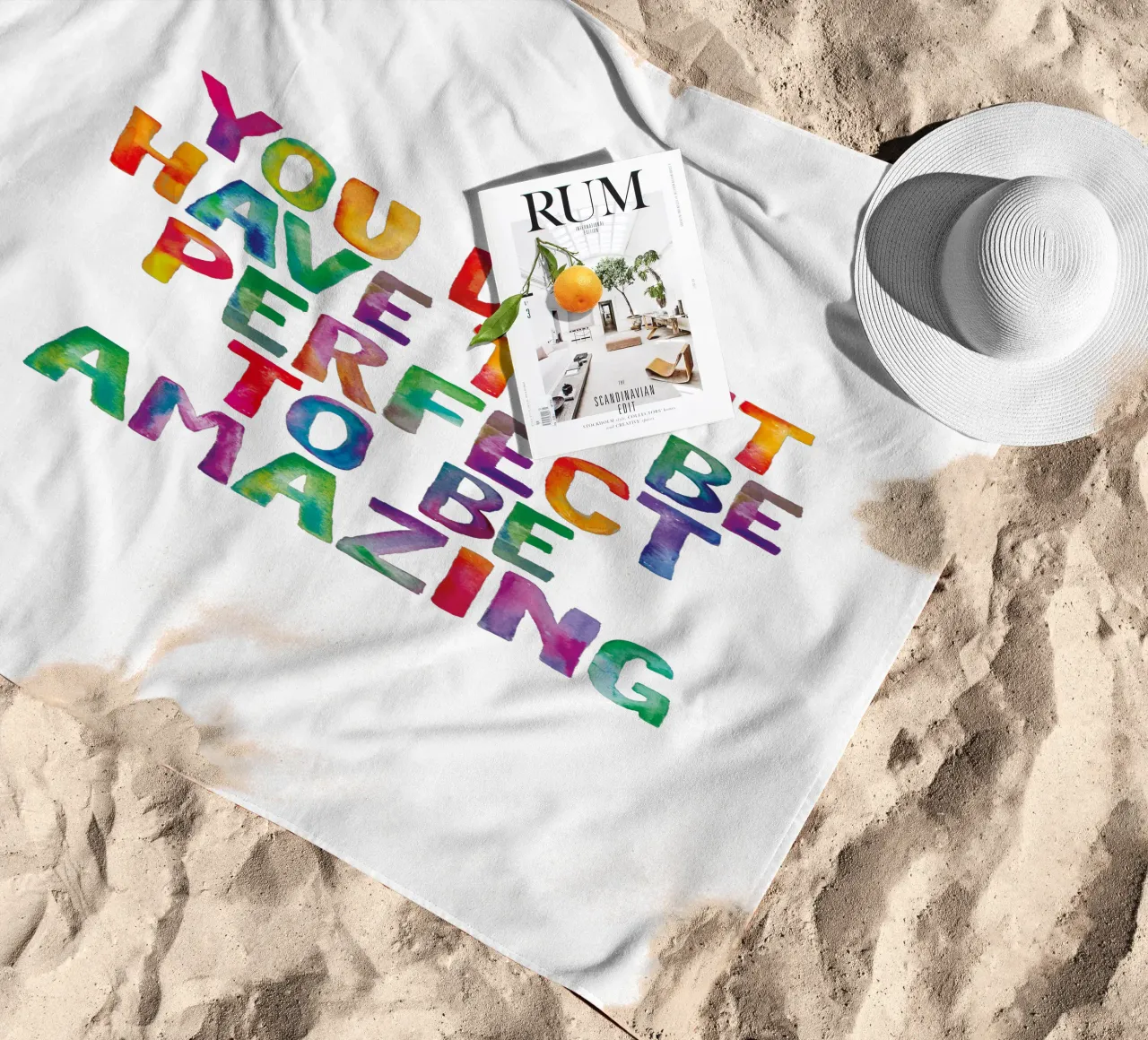 You Don't Have to Be Perfect to Be Amazing Rainbow Print beach towel by THE MOTIVATED TYPE